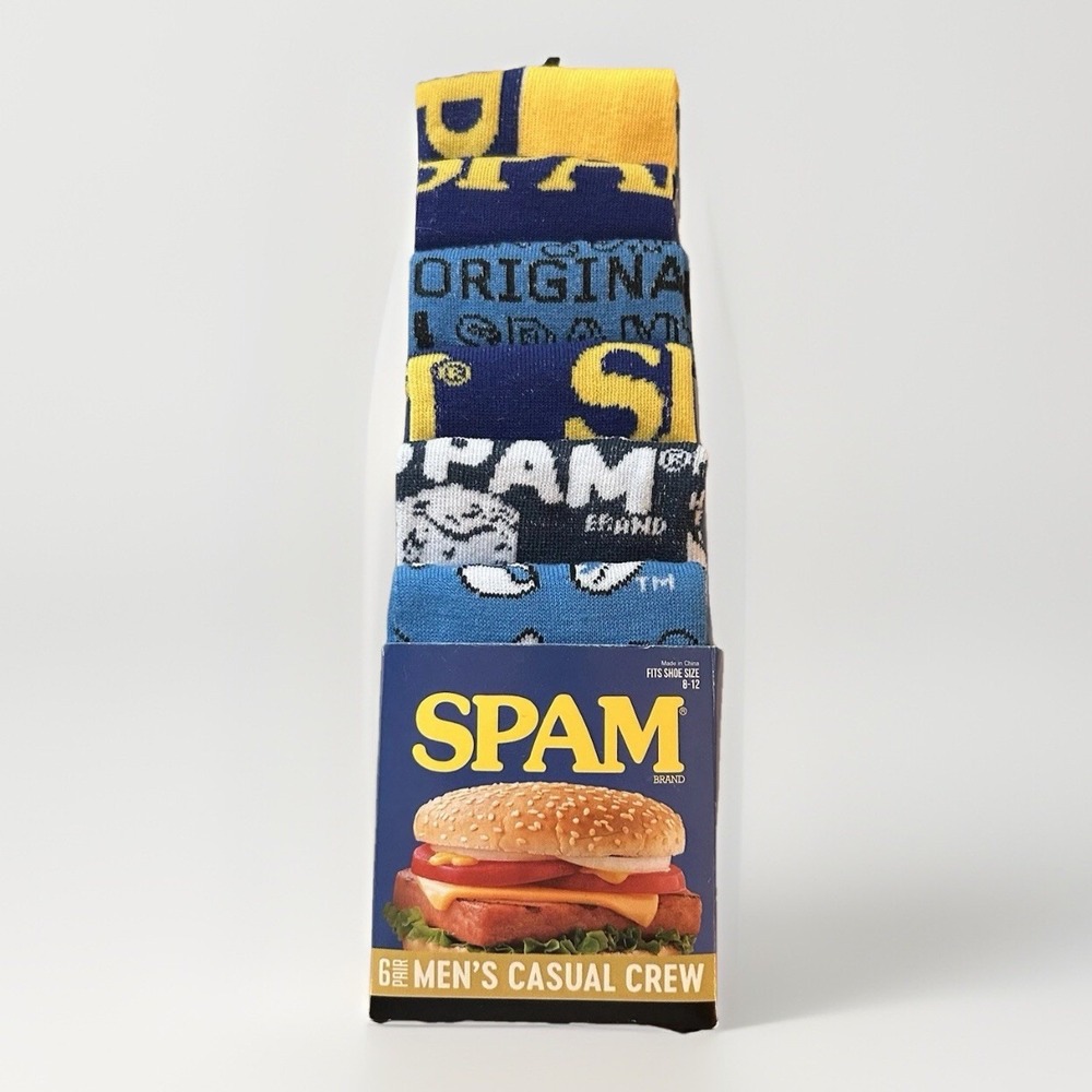 SPAM Brand Mens Casual Crew Socks 6‎ Pair Pack Shoe Size 8-12 Recycled Yarn NEW